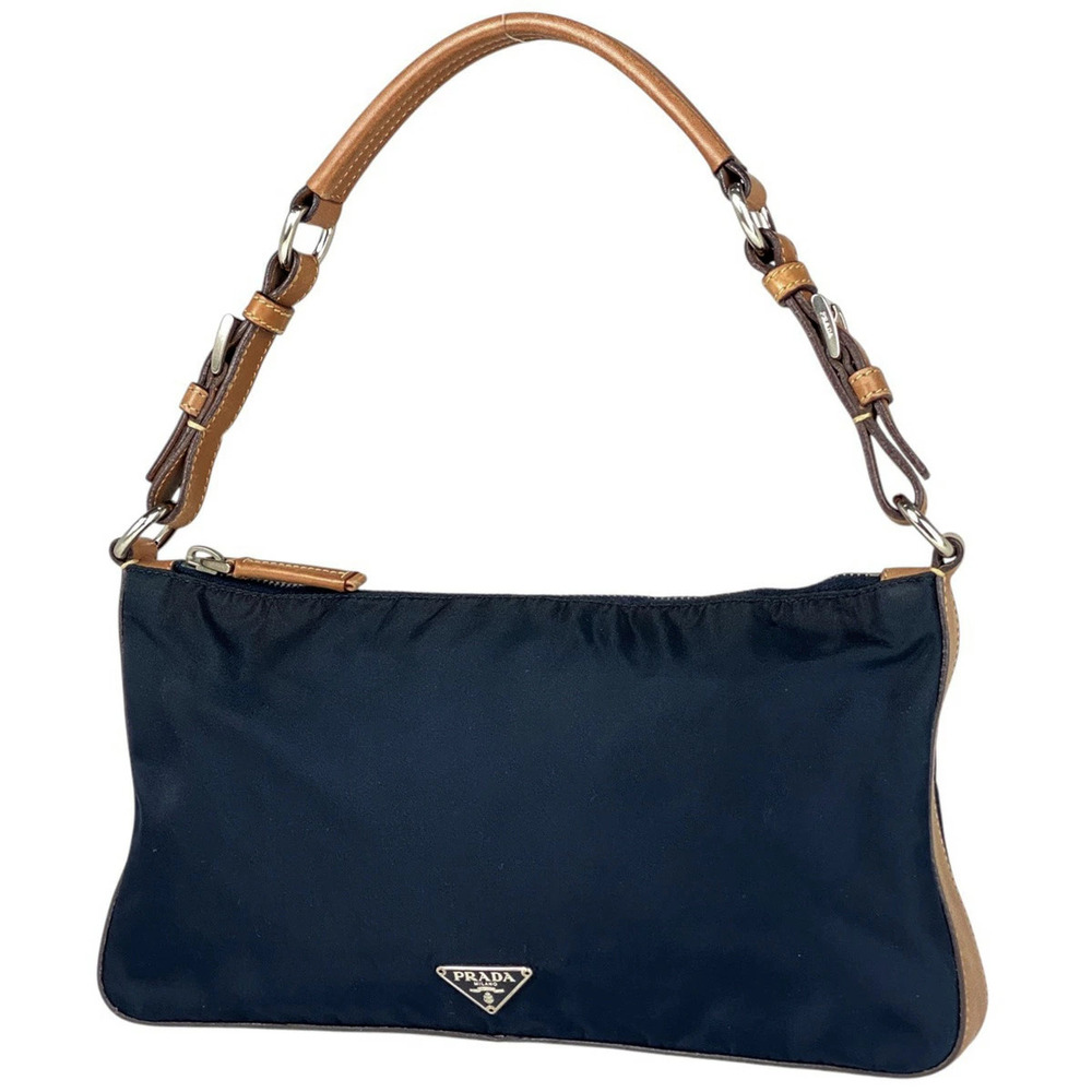Prada Logo Plate Shoulder Bag Hobo Handbag Navy Blue Brown
